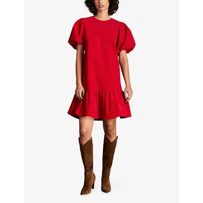 Ro&zo Womens  Frilled Puff-sleeve Cotton-cord Mini Dress In Red