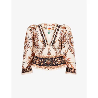 Farm Rio Womens  Majestic Puff-sleeved Cotton Blouse