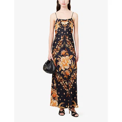 Farm Rio Black Majestic Garden Lenzing Ecovero Viscose Slip Maxi Dress In Blue