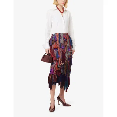 Dries Van Noten Womens  Embellished Jacquard Woven Midi Skirt In Burgundy