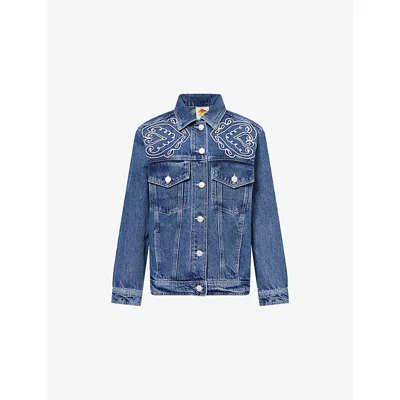 Farm Rio Denim Cornely Buttoned Embroidered Jacket In Blue