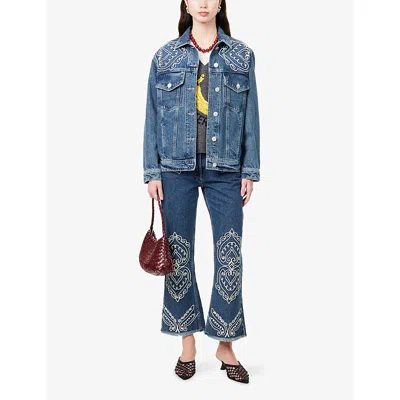 Farm Rio Denim Cornely Buttoned Embroidered Jacket In Blue