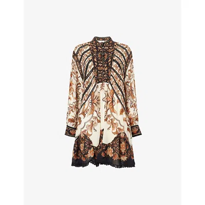 Farm Rio Majestic Garden Long Sleeve Lace Insets Trapeze Dress In Multi