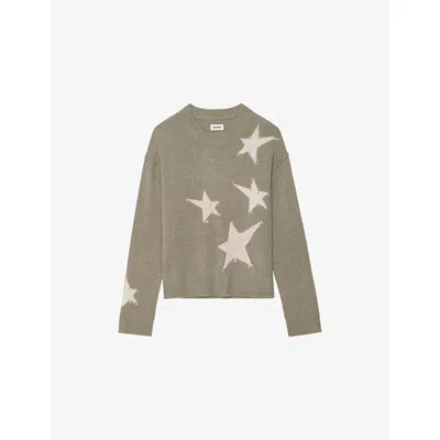 Zadig & Voltaire Markuz Intarsia Star Cashmere Crewneck Sweater In Gray