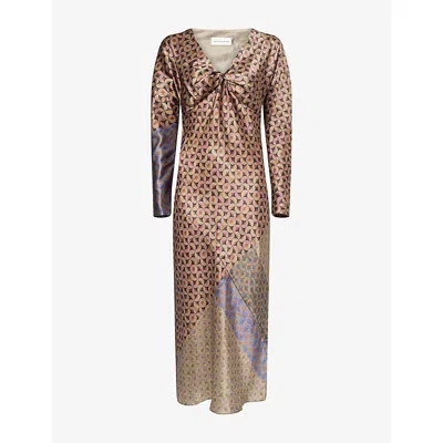 Dries Van Noten Womens  Printed V-neck Silk Midi Dress