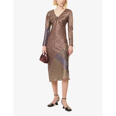 Dries Van Noten Womens  Printed V-neck Silk Midi Dress