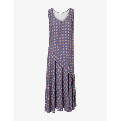 Dries Van Noten Womens  Sleeveless Printed Woven Midi Dress In Blue