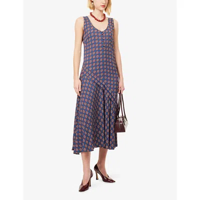 Dries Van Noten Womens  Sleeveless Printed Woven Midi Dress In Blue