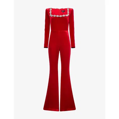 Nadine Merabi Womens  Kimberly Jewel-embellished Velvet Jumpsuit In Red