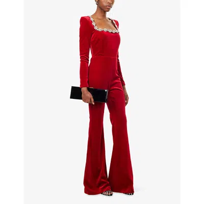 Nadine Merabi Womens  Kimberly Jewel-embellished Velvet Jumpsuit In Red