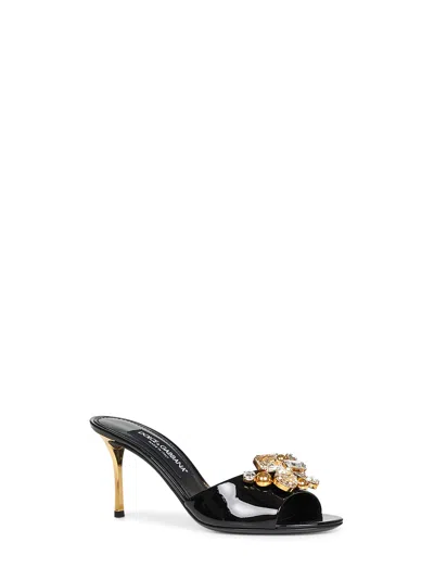 Dolce & Gabbana Women Black Patent Leather Crystal Embellished Sandals In Black