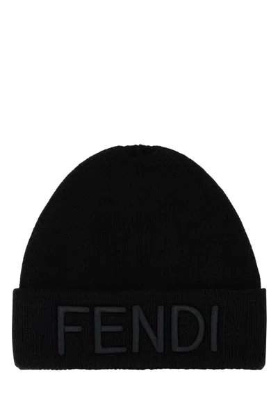 Fendi Men Black Beanie With Maxi Logo Lettering On Front In Wool Man In Black