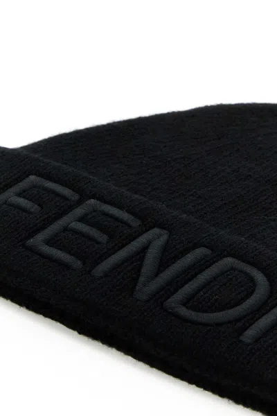 Fendi Men Black Beanie With Maxi Logo Lettering On Front In Wool Man In Black
