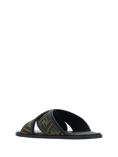 Fendi Double Crossed Band Logo Slides With Jacquard Ff Design In Black