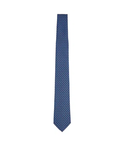 Ferragamo Men Blue Silk Tetris Print Tie In Blue