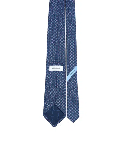 Ferragamo Men Blue Silk Tetris Print Tie In Blue
