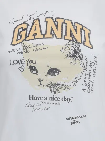 Ganni Cropped Kitty Logo Graphic Tee In White