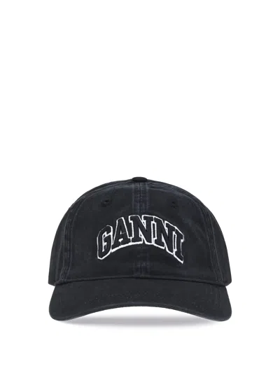 Ganni Womens Black Brand-embroidered Cotton-canvas Cap In Black