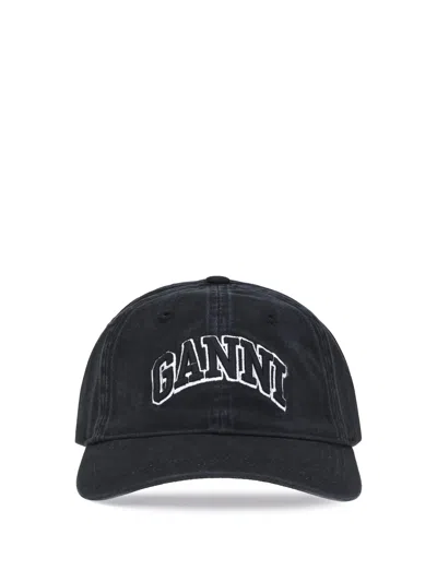 Ganni Womens Black Brand-embroidered Cotton-canvas Cap In Black