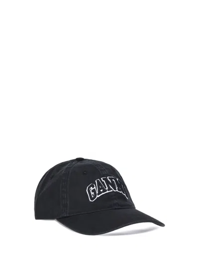 Ganni Womens Black Brand-embroidered Cotton-canvas Cap In Black