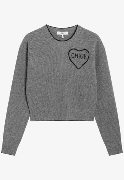 Chloé Heart Logo Ribbed Knit Sweater In Gray