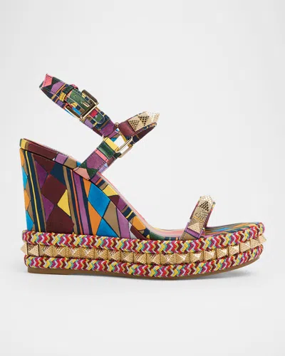 Christian Louboutin 100mm Pyraclou Satin Spike Wedge Sandals In Multi