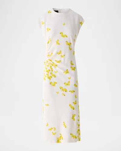 Akris Exclusive Butterfly-print Viscose Crepon Ruched Midi Dress With Scarf In White
