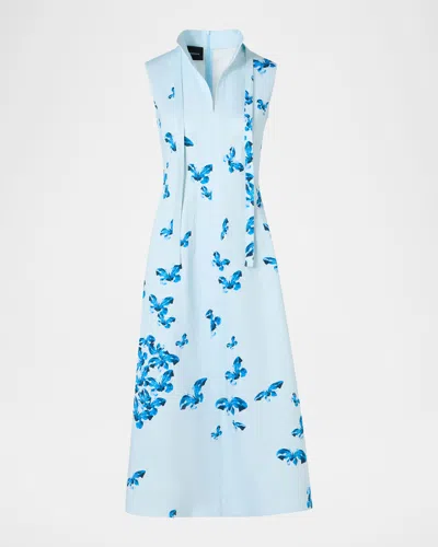 Akris Exclusive Butterfly-print Cotton Sleeveless Midi Shirtdress In Blue