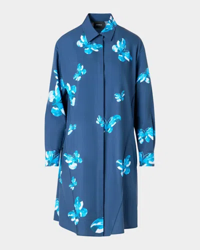Akris Exclusive Butterfly-print Poplin Long-sleeve Shirtdress In Blue