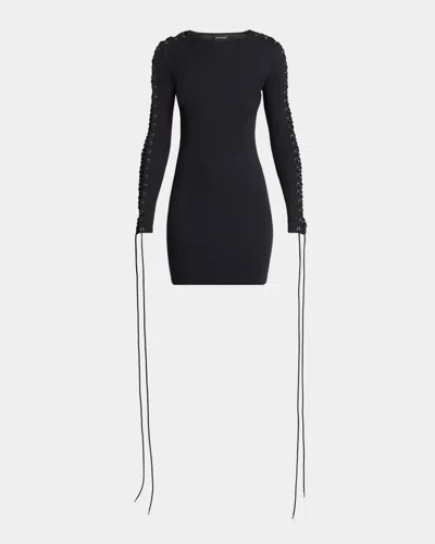 Balenciaga Lace-up Long-sleeve Rib Mini Dress In Black