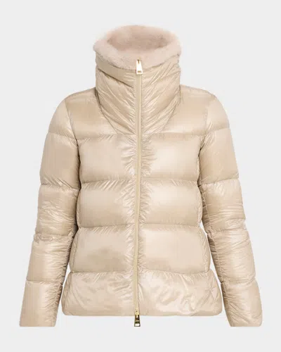 Herno Ultralight Nylon Down Jacket With Alternative Fur In Gold