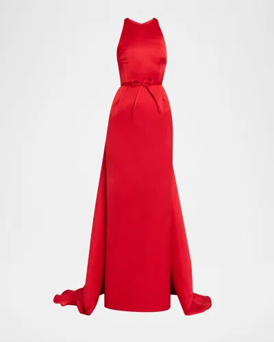 Atelier Prabal Gurung Caroline Satin Halter Column Gown With Detachable Train In Red