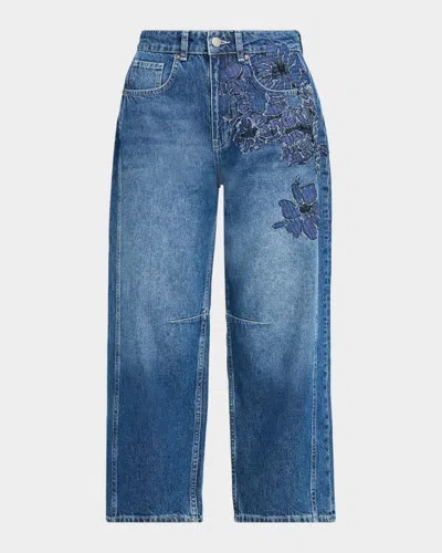 Jbq Archie Floral Embroidered Cropped Jeans In Blue