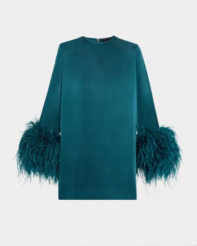 Lapointe Satin Feather-cuff Shift Dress In Blue