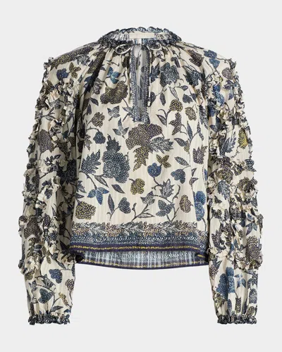 Ulla Johnson Azrou Floral Long-sleeve Ruffle Blouse In White
