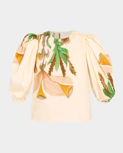 Ulla Johnson Las Olas Puffed-sleeve Botanical-print Top In Neutral