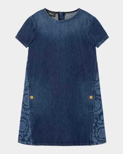 Versace Girl's Short-sleeved Shift Denim Dress In Blue