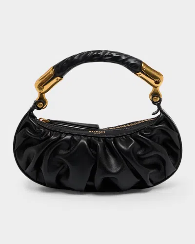 Balmain Ebene Mini Ruched Top-handle Bag In Leather In Black