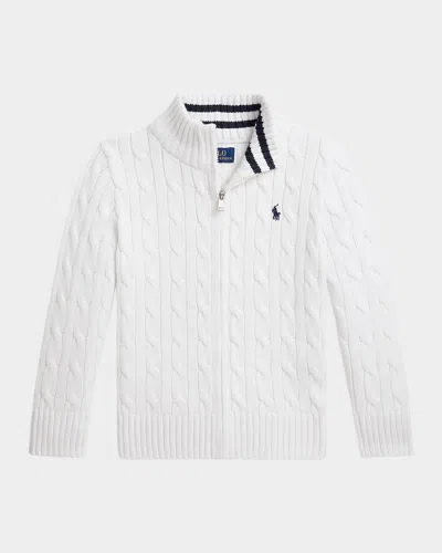Ralph Lauren Boy's Cable-knit Cotton Full-zip Sweater In White