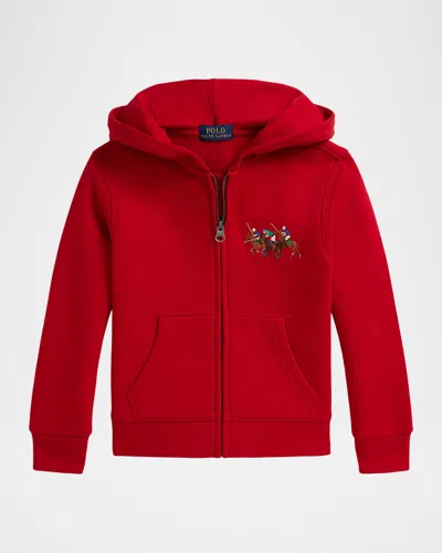 Ralph Lauren Boy's Triple-pony Fleece Full-zip Hoodie In Red