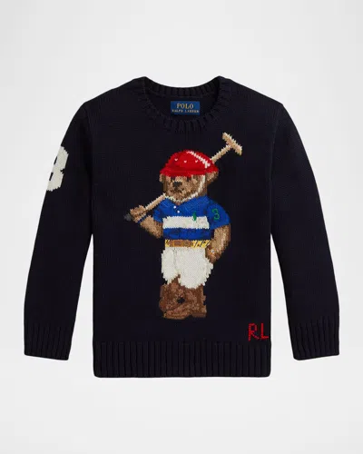 Ralph Lauren Boy's Polo Bear Intarsia Crewneck Sweater In Blue