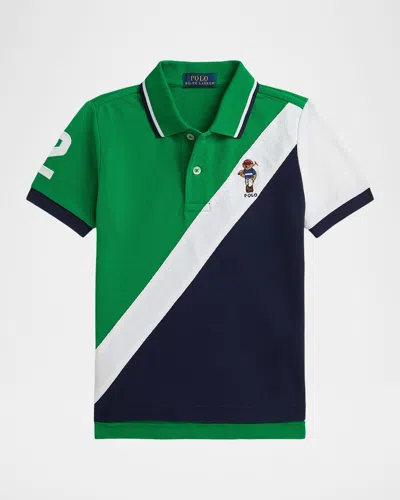 Ralph Lauren Boy's Embroidered Color-block Cotton Mesh Polo Shirt In Green