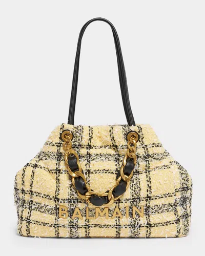 Balmain 1945 Tote Bag In Plaid Tweed In Multi