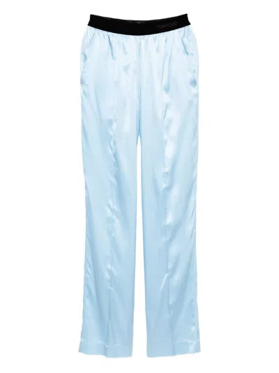 Tom Ford Silk Satin Relaxed Pijama Trousers Waistband In Blue