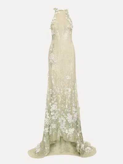 Oscar De La Renta Foxglove Embroidered Sequin Tulle Gown In Green