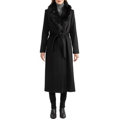 Sofia Cashmere Toscana Genuine Shearling Collar Wool Blend Coat In Black