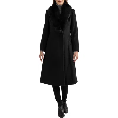 Sofia Cashmere Toscana Genuine Dyed Lamb Shearling Collar Wool Blend Coat In Black