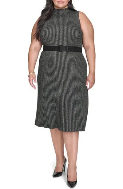 Dkny Mock Neck Sleeveless Rib Knit Midi Dress In Black