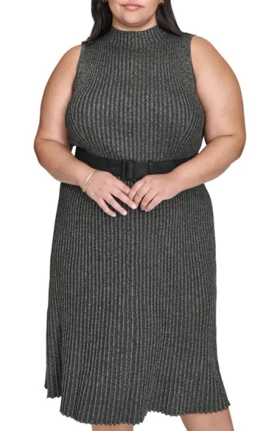 Dkny Mock Neck Sleeveless Rib Knit Midi Dress In Black