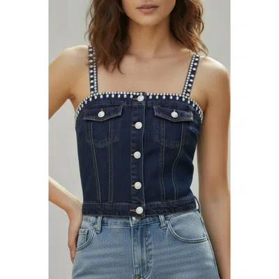 Bebe Embellished Denim Croset Top In Blue